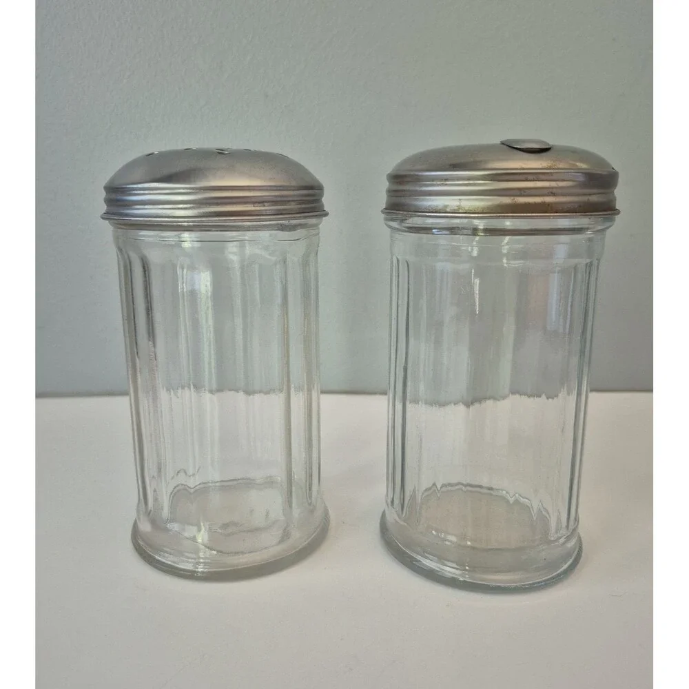 VTG Mid Century Restaurant Style Clear Ribbed Glass Sugar and Creamer Dispenser